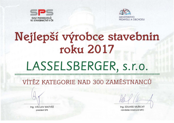 Lasselsberger nejlepším výrobcem stavebnin roku 2017 