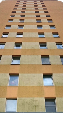 Obr. 4: Severní stěna zatepleného panelového domu postižená nárůstem řas před ošetřením systémem Balclean