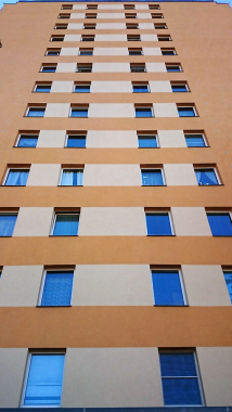 Obr. 4: Severní stěna zatepleného panelového domu postižená nárůstem řas přibližně jeden rok po ošetření systémem Balclean