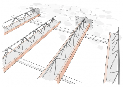 Obr. 8, 9: Prostřídání trámů ukládaných do vysekaných kapes pro jednodušší realizaci
