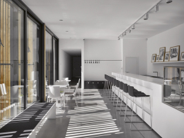 V novostavbě se nachází zázemí pro návštěvníky, pokladna, prodejna, kavárna, hygienické vybavení a kromě toho i depozitární, skladová a dílenská část