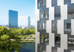 Fasáda Schüco UDC 80: Neprůhledné části fasády mohou být z široké škály různých materiálů, například kovových panelů, potištěného skla nebo přírodního kamene