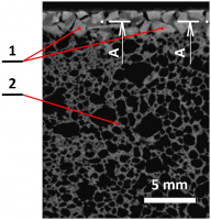 Obr. 7: Štruktúra povrchu strešnej krytiny na báze hliníkovej peny vystuženej jemnozrnným čadičovým kamenivom – b – pozdĺžny rez cez vystuženú vrstvu s hliníkovou matricou vytvorenou počas expanzie penového hliníka – v hĺbke 1 mm pod povrchom krytiny (1 – čadičová drť, 2 – penový hliník)