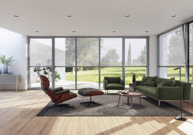 V bytech i rezidenčních domech jsou zachovány úžasné výhledy i při zatažení textilních screenových rolet Schüco ZIP Design Screen