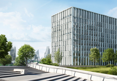 Rozsáhlé plochy fasád odolných proti silnému větru mohou být vybaveny stejně odolnými textilními roletovými systémy Schüco ZIP Design Screen