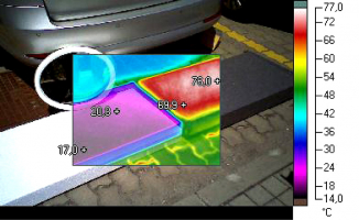 Obr. 7: Rozdílné povrchové teploty bílého a šedého EPS