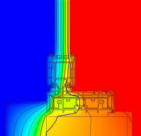 Teplotní křivka podtrhuje velmi dobré izolační vlastnosti posuvných dveří GENEO (červená 10 °C, modrá 13 °C)