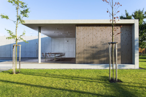 Obklad fasády ze svislých dřevěných latí řazených v mezerách mezi sebou. Vytváří jednoduchou texturu, která vložený box opticky zjemňuje.