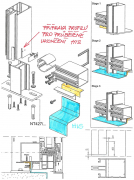 Obr. 6: a, b – příklad systémového ukončení hydroizolace na lehký obvodový plášť profilu PF 152 od firmy Ponzio pomocí vyfrézované drážky do sloupku a přípravy doplňkového profilu pro ukončení hydroizolace pod příčníkem. Vpravo je vidět dodatečně vyfrézovaná drážka do jiného systému s ukázkou zatažené asfaltové izolace