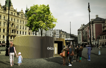 Dřevěné stavby – malé: Vítěz veřejnosti – Oáza, Ondřej Král, Petra Neklapilová, Markéta Kubitová, Fakulta stavební, Vysoké učení technické v Brně.