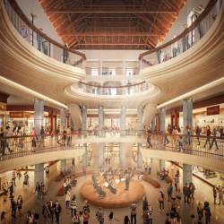 Srdce projektu – zrekonstruovaná budova historické jízdárny. Současná úroveň podlahy je 3. podlaží nahoře.