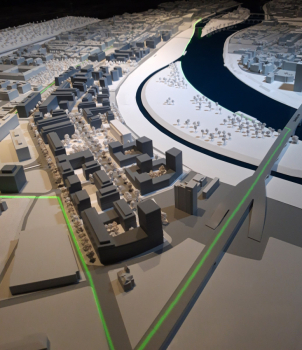 Model dotčeného území. Zelená čára naznačuje jeho rozsah. Uprostřed obnovený Rohanský ostrov.