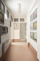 Přímé denní světlo „rozsvítilo“ tmavé chodby u WC. A také je teď lépe vidět na fotografie rozkvetlých záhonů bylinné zahrady, které zdobí místnost s umyvadly.