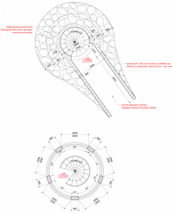 Půdorys vstupní úrovně a půdorys konstrukce v rovině největší šířky „oken“ ve 2. NP
