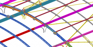 Obr. 29: 3D model konstrukce v poli 19–20 – horní pasy, vaznice, ztužidla