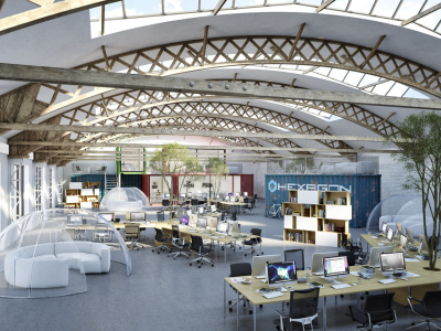 Začlenění staré průmyslové haly do objektů Palmovka Open Parku