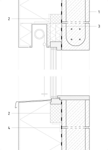 Detail okna: 1 – Vnější omítka 5 mm; lepicí hmota 5 mm; tepelná izolace EPS 300 mm; stěrková parotěsná hmota 5 mm; pohledové betonové tvárnice 200 mm; 2 – Tepelná izolace PIR 80 mm; 3 – Tepelná izolace z fenolické pěny 20 + 40 + 40 mm; 4 – Kompozitní kotevní úhelník