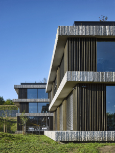 Hrubé betonové římsy s ručně otloukaným povrchem se stopami po nástrojích obtiskují ve své materialitě význam nosných stropních desek