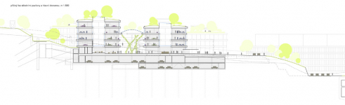 Příčný řez středními pavilony a hlavní dvoranou