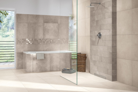 Glazované slinuté rektifikované dlaždice série Limestone s probarveným střepem imitují tmavý čedič, vápenec, travertin či mramor