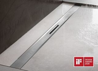 Jeden z pěti oceněných produktů od společnosti Viega na soutěži iF Design Award 2020: nový sprchový žlábek Advantix Cleviva. Porotu přesvědčil svou variabilitou při projektování koupelny a svým puristickým designem s dokonale tvarovanými odtokovými profily (foto Viega).