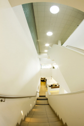 Pohled ze schodiště mezi přízemím a prvním patrem na střešní podhled se čtyřmi světlovody Lightway