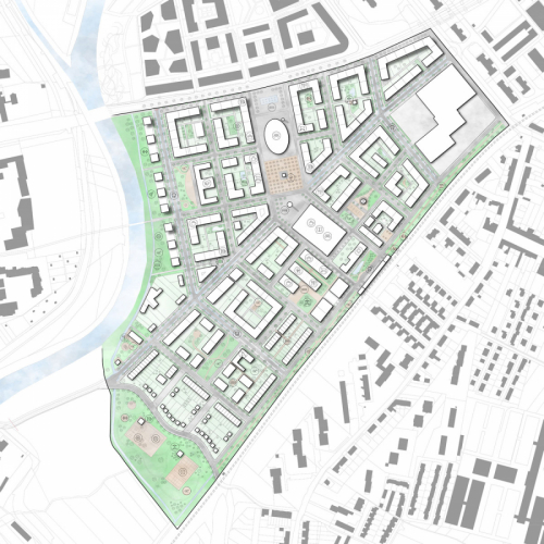 2.–3. místo: Roman Hrabánek z Fakulty architektury ČVUT, ateliéru Kohout-Tichý, Ústav nauky o budovách, návrh Nové čtvrti v Olomouci