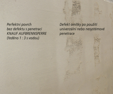 Ukázka výsledků testování různých typů penetrací (na cihelný podklad) a jejich vlivu na sádrovou omítku