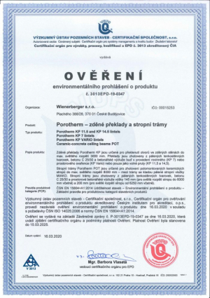 Ověření EPD - zděnné překlady a stropní trámy