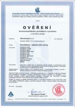 Ověření EPD - pálené zdící prvky