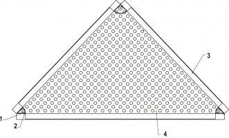 Jednotlivá kazeta perforované fasády. 1 – montážní otvor pro kotvení kazet (součást perforace plechu); 2 – ocelová výztuha; 3 – sklopený lem o výšce 60 mm; 4 – perforovaný hliníkový plech tl. 2 mm