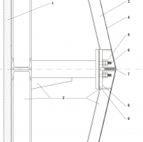 Řez fasádou. 1 – hlukově pohltivá vrstva; 2 – ocelová podkonstrukce; 3 – výztužný plechový profil; 4 – hliníkový plech tl. 2 mm; 5 – zajištění kazety matkou a kontramatkou; 6 – uchycení kazety na závitový čep; 7 – spára mezi kazetami 4 mm; 8 – ocelová výztuha v rohu kazety; 9 – antivibrační pryžová podložka