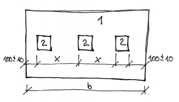 Obr. 13: Příprava zkušebních těles pro měření tloušťky plastové fólie dle (2]. Legenda: B – šířka plastové fólie, 1 – zkušební vzorek, 2 – zkušební těleso