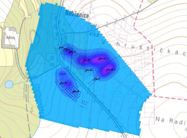 Obr. 5: Plošné rozložení teploty v okolí vrtného pole po 25 letech [°C]