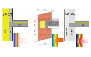 Obr. 3: Příklad napojení konstrukce stropu na obvodovou stěnu. Je zde patrné, že u některých konstrukčních systémů je řešení tepelného mostu bezproblémové, u některých je úplná eliminace tepelného mostu téměř nemožná. a) VPC; b) lehčená cihla s integrovanou tepelnou izolací; c) pórobeton; d) tepelněizolační pórobeton
