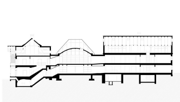 Řez třemi propojenými objekty, prostřední z nich je novostavba