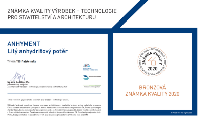 Litý anhydritový potěr ANHYMENT byl v letošním ročníku soutěže Technologie pro stavitelství a architekturu oceněn bronzovou známkou kvality