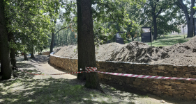 Detail oblouku a tvarování zdi vyhýbající se stromům