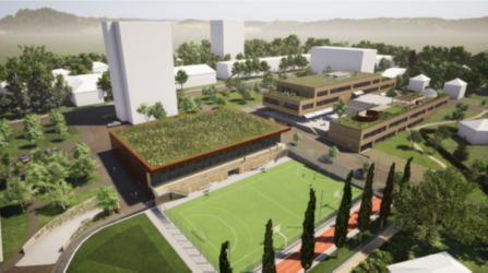 Vizualizace školy na Komenského náměstí v Říčanech z dokumentace pro stavební povolení, Rusina Frei architekti