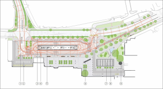 Situace: 1. Křižovatka Palackého třídy s Ulicí kapitána Bartoše; 2. Parkoviště K+R; 3. Cyklostezka; 4. Trakce trolejového vedení; 5. Terminál hromadné dopravy; 6. Památník Jana Pernera; 7. Kryté stojany na kola; 8. Vodní plocha; 9. Cyklověž