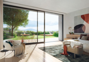 Díky prakticky skrytému bezbariérovému prahu nabízí hliníkový posuvný systém Schüco ASE 80 dokonalé propojení mezi interiérem a exteriérem (zdroj: Schüco CZ)