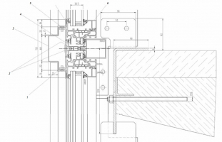 Uchycení stropní desky: 1 - Spojovací třmen, nerez; 2 - DIN 9021; 3 - Nerezový obkladový plech; 4 - Přítlačná lišta; 5 - DIN 964; 6 - Zasklívací lišta