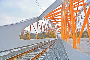 Jedinečnost nosné konstrukce spočívá v šikmosti mostu se svařovanými táhly oblouku a v použití pákového systému řízené dilatace mostu pro snížení napětí v bezstykové koleji