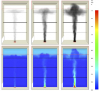 Obr. 6: Kumulace a prostup kouře přehřátou vrstvou vzduchu pod střechou atria – výška 16 m