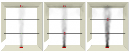 Obr. 7: Hustota kouře při aktivaci jednotlivých hlásičů – výška atria 12 m, bez přehřáté vrstvy vzduchu