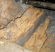 Obr. 8: Detail poškození tesaříkem u krátčat a rozvláknění povrchu trámů