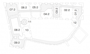 08.2 = rytířský sál; 03.2 = hlavní schodiště; 11 = točité DNA schodiště