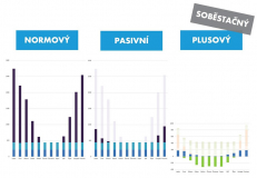 Graf spotřeb energií rodinného domu v jednotlivých měsících roku. Srovnání tří variant provedení.