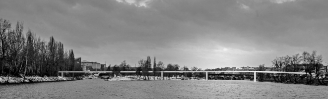 Návrh lávky mezi Holešovicemi a Karlínem v Praze, který už má stavební povolení. S realizací by se mělo začít koncem léta tohoto roku