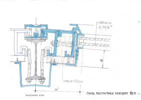 Nosný systém obvodového pláště v 2. NP (restaurace) – současný stav; horizontální řez